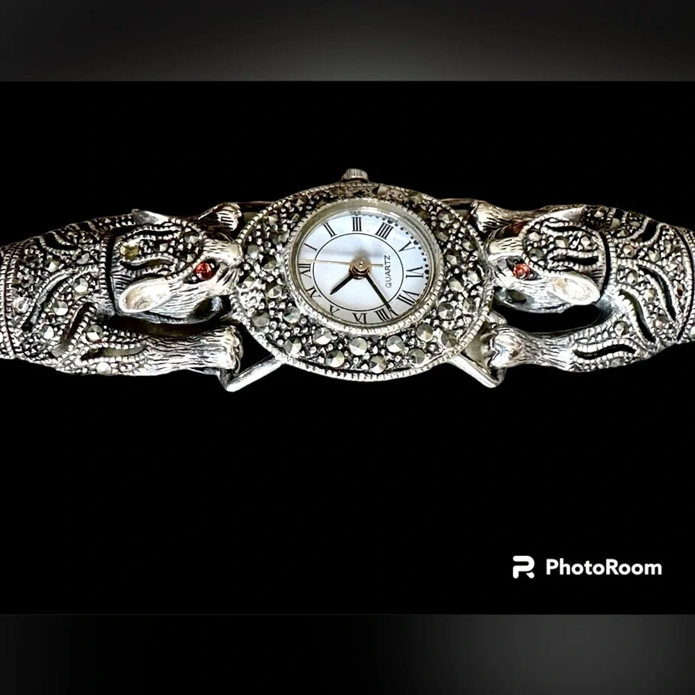 Sterling silver marcasite topaz eyes bendable leopard panther unique tiger watch - Picture 5 of 8